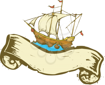 Royalty Free Clipart Image of a Ship With a Banner