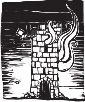 Royalty Free Clipart Image of a Castle Tower Burning Down