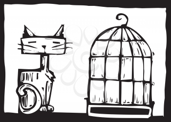 Royalty Free Clipart Image of a Cat Beside a Birdcage