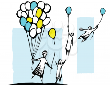 Royalty Free Clipart Image of People Holding onto Balloons Flying