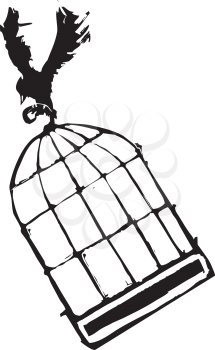 Royalty Free Clipart Image of a Bird Carrying a Cage