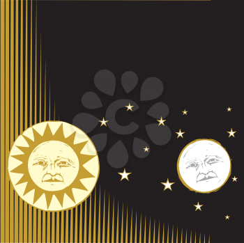 Royalty Free Clipart Image of the Sun and Moon in the Sky