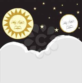 Royalty Free Clipart Image of the Sun and Moon at the Sky