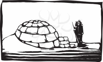 Royalty Free Clipart Image of a Man Beside an Igloo