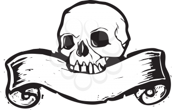 Royalty Free Clipart Image of a Skull With a Scroll 