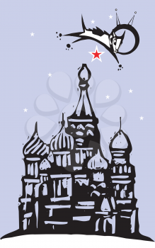 Royalty Free Clipart Image of Laika the Cosmonaut Dog Flying Over the Kremlin