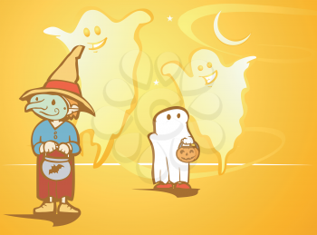 Royalty Free Clipart Image of Ghosts Following Trick or Treaters