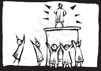 Royalty Free Clipart Image of a Person Being Worshiped by a Crowd