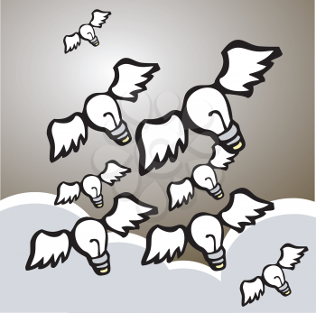 Royalty Free Clipart Image of Winged Light Bulbs Flying 