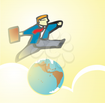 Royalty Free Clipart Image of a Businessman Leaping Over a Globe