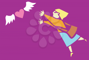 Royalty Free Clipart Image of a Woman Chasing a Winged Heart