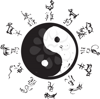 Royalty Free Clipart Image of a Yin-Yang Surrounded by Horoscope Signs