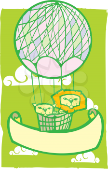 Royalty Free Clipart Image of Two Lions in a Hot Air Balloon 