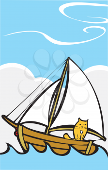 Royalty Free Clipart Image of a Cat on a Sailboat