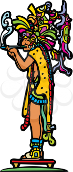 Royalty Free Clipart Image of a Mayan God Smoking a Pipe
