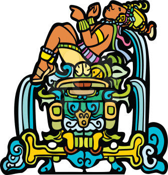 Royalty Free Clipart Image of a Mayan Sitting on a Waterfall 