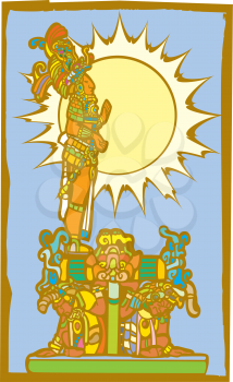 Royalty Free Clipart Image of a Mayan Lord Standing on the Back of Slaves