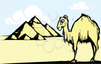 Royalty Free Clipart Image of a Camel by the Pyramids