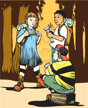 Royalty Free Clipart Image of Three Kids Exploring