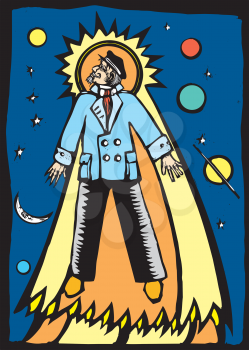 Royalty Free Clipart Image of a Man in a Captain's Suit Soars Towards Heaven