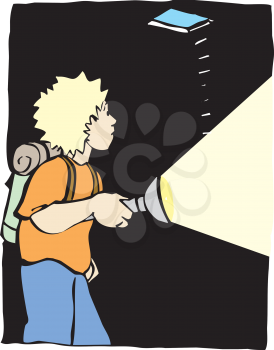 Royalty Free Clipart Image of a Boy Exploring a Cave