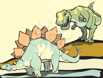 Royalty Free Clipart Image of a Tyrannosaurus Rex Hunting a Stegosaurus