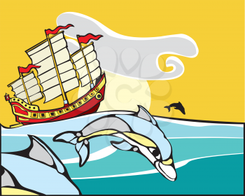 Royalty Free Clipart Image of Dolphins Swimming by a Ship