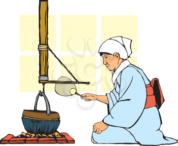 Royalty Free Clipart Image of a Hearth Being Tended by a Woman