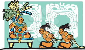 Royalty Free Clipart Image of a Mayan King Watching Prisoners