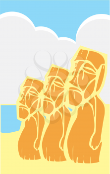 Royalty Free Clipart Image of a Group of Mixed Styled Easter Island Moai Heads