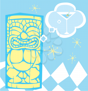 Royalty Free Clipart Image of a Tiki Thinking of Having a Martini