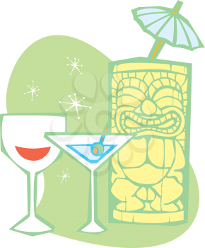 Royalty Free Clipart Image of a Tiki Head With a Martini