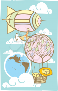 Royalty Free Clipart Image of Animals in Hot Air Balloons 