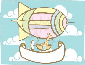 Royalty Free Clipart Image of a Giraffe in a Blimp