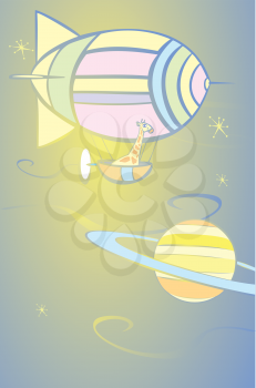 Royalty Free Clipart Image of a Giraffe in a Blimp in Space