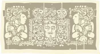 Royalty Free Clipart Image of a Mayan Triptych Image With Priests