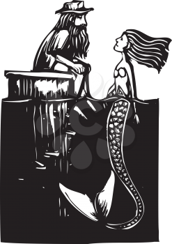 Royalty Free Clipart Image of a Mermaid Visiting a Man on a Dock