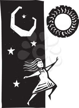 Royalty Free Clipart Image of a Girl Jumping Between Day and Night
