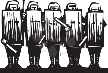 Royalty Free Clipart Image of a Line of Riot Police