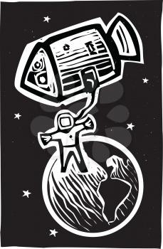 Woodcut style astronaut in orbit of the earth.