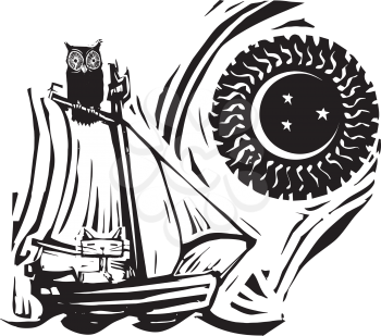 Owl and cat on a boat under the moon and stars.