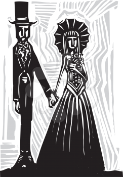 A Gothic couple in fancy dress getting married or going to prom.