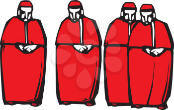Woodcut style image of four Catholic Cardinals.