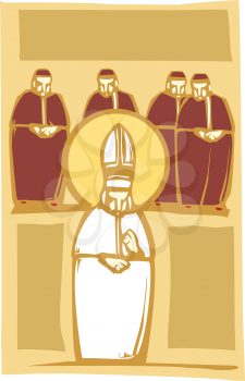 Woodcut style image of the Catholic Pope with Church Cardinals.