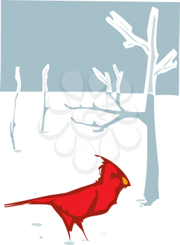 Woodcut style image Cardinal bird in the winter snow.