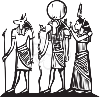 Anubis and Horus Egyptian hieroglyph in woodcut style.