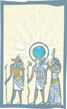 Anubis and Horus with Rays of Light Egyptian hieroglyph in woodcut style.