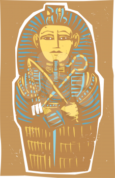 Woodcut Egyptian sarcophagus for a dead Pharaoh.