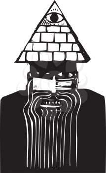 Crazy looking man with a pyramid hat in woodcut style.