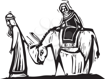 Christmas image with woodcut style Mary and Joseph with donkey.